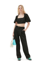 Load image into Gallery viewer, DRAPEY MELANGE LOOSE MID WAIST PLEAT PANTS BLACK