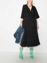 Load image into Gallery viewer, RUFFLE COLLAR WAVY WAIST OVERSIZE WRAP DRESS SMOCKED SATIN BLACK