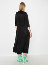 Load image into Gallery viewer, RUFFLE COLLAR WAVY WAIST OVERSIZE WRAP DRESS SMOCKED SATIN BLACK