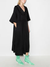 Load image into Gallery viewer, RUFFLE COLLAR WAVY WAIST OVERSIZE WRAP DRESS SMOCKED SATIN BLACK