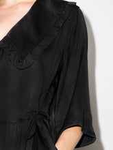 Load image into Gallery viewer, RUFFLE COLLAR WAVY WAIST OVERSIZE WRAP DRESS SMOCKED SATIN BLACK