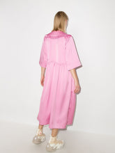 Load image into Gallery viewer, RUFFLE COLLAR WAVY WAIST OVERSIZE WRAP DRESS SMOCKED SATIN MAUVE