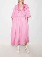 Load image into Gallery viewer, RUFFLE COLLAR WAVY WAIST OVERSIZE WRAP DRESS SMOCKED SATIN MAUVE