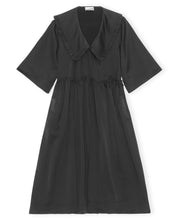 Load image into Gallery viewer, RUFFLE COLLAR WAVY WAIST OVERSIZE WRAP DRESS SMOCKED SATIN BLACK