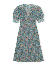 Load image into Gallery viewer, PLEATED GEORGETTE V-NECK SMOCK MINI DRESS RECYCLED POLYESTER FLORAL AZURE BLUE
