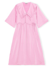 Load image into Gallery viewer, RUFFLE COLLAR WAVY WAIST OVERSIZE WRAP DRESS SMOCKED SATIN MAUVE