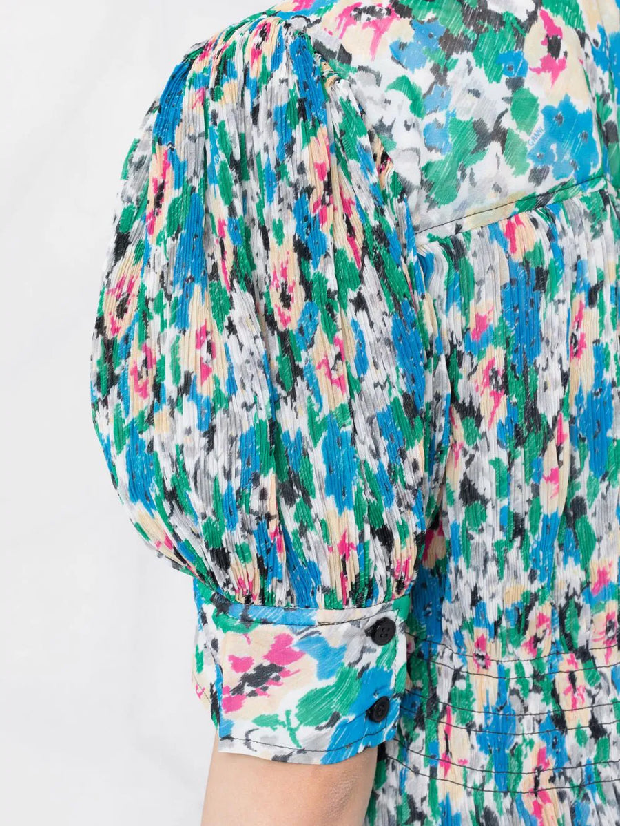 PLEATED GEORGETTE V-NECK SMOCK MINI DRESS RECYCLED POLYESTER FLORAL AZ –  Maison Mara