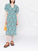 Load image into Gallery viewer, PLEATED GEORGETTE V-NECK SMOCK MINI DRESS RECYCLED POLYESTER FLORAL AZURE BLUE