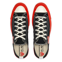 Load image into Gallery viewer, BLACK LOW TOP HEART PRINT RED SOLE CONVERSE