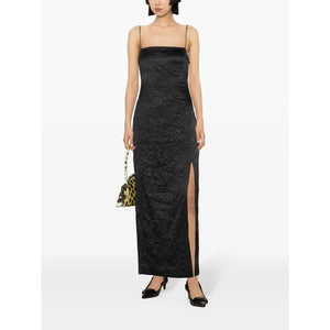 CRINKLED SATIN MIDI SLIP DRESS BLACK