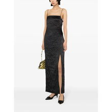 Load image into Gallery viewer, CRINKLED SATIN MIDI SLIP DRESS BLACK
