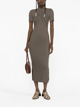 Load image into Gallery viewer, JANNET FOSSIL GREY SOLID MESH JERSEY T-SHIRT DRESS WITH FRONT DRAPE
