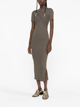 Load image into Gallery viewer, JANNET FOSSIL GREY SOLID MESH JERSEY T-SHIRT DRESS WITH FRONT DRAPE
