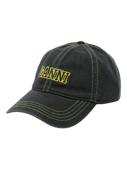 GANNI CAP HAT BLACK WITH YELLOW STITCHING