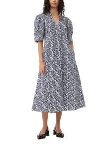 PRINTED COTTON V-NECK LONG DRESS EGRET