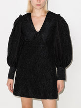 Load image into Gallery viewer, V-NECK RUFFLE COLLAR DRESS JACQUARD ORGANZA BLACK
