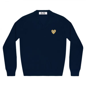 NAVY V-NECK SWEATER WITH GOLD EMBROIDERED HEART
