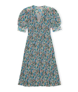 PLEATED GEORGETTE V-NECK SMOCK MINI DRESS RECYCLED POLYESTER FLORAL AZURE BLUE
