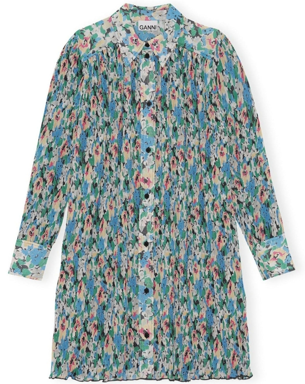 PLEATED GEORGETTE WIDE MINI SHIRT DRESS RECYCLED POLYESTER FLORAL AZURE BLUE