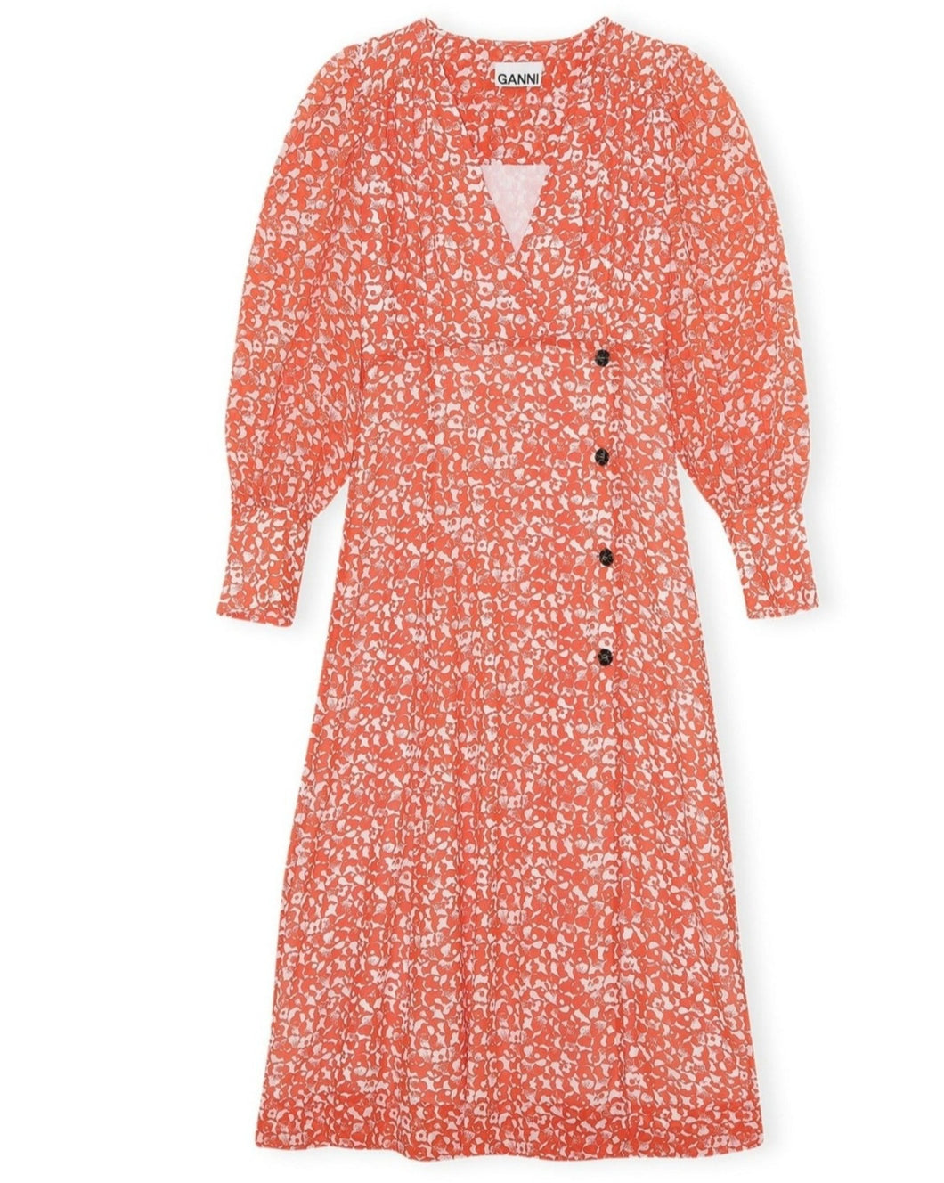 ganni dress orange flowers Ganni Roseburg Crepe Wrap Maxi Dress Womens Size 8 M US 38 EU REPAIRS $495