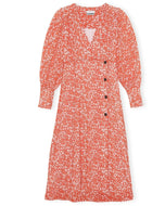 PRINTED LIGHT CREPE DEEP V-NECK WRAP DRESS RECYCLED POLYESTER MINI FLORAL ORANGE DOT