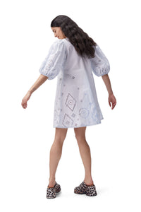 BRODERIE ANGLAISE PUFF SLEEVE MINI DRESS ILLUSION BLUE