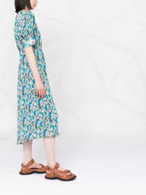 Load image into Gallery viewer, PLEATED GEORGETTE V-NECK SMOCK MINI DRESS RECYCLED POLYESTER FLORAL AZURE BLUE
