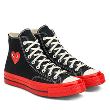 Load image into Gallery viewer, BLACK HIGH TOP HEART PRINT RED SOLE CONVERSE
