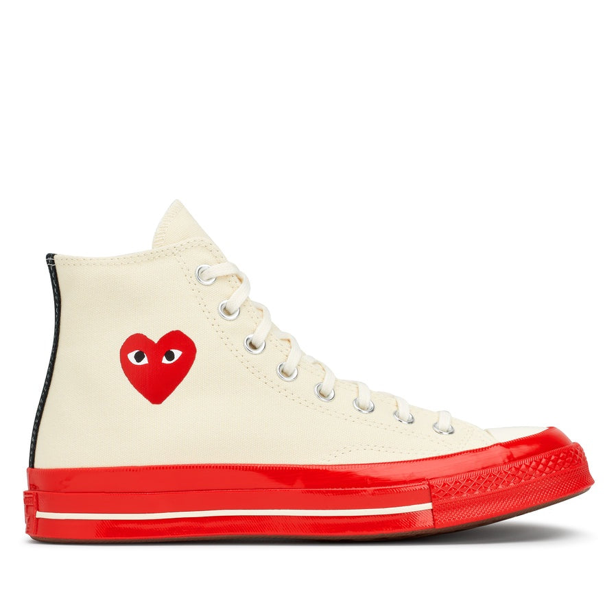 WHITE HIGH TOP HEART PRINT RED SOLE CONVERSE