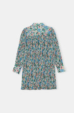 Load image into Gallery viewer, PLEATED GEORGETTE WIDE MINI SHIRT DRESS RECYCLED POLYESTER FLORAL AZURE BLUE
