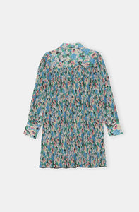 PLEATED GEORGETTE WIDE MINI SHIRT DRESS RECYCLED POLYESTER FLORAL AZURE BLUE