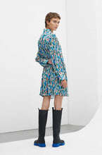 Load image into Gallery viewer, PLEATED GEORGETTE WIDE MINI SHIRT DRESS RECYCLED POLYESTER FLORAL AZURE BLUE

