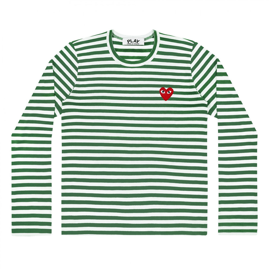 GREEN STRIPE LONGSLEEVE T-SHIRT RED EMBROIDERED HEART